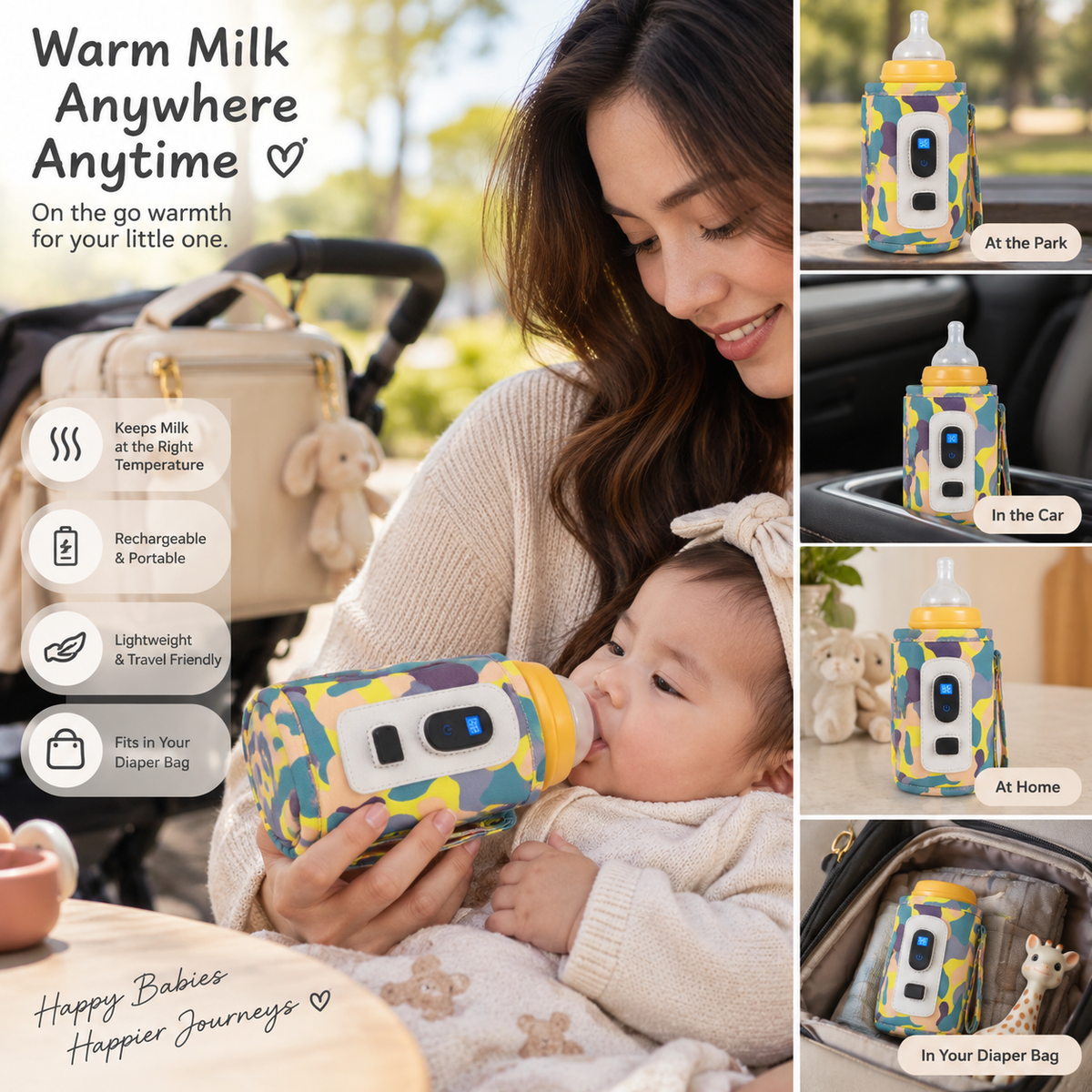 A collage showing a baby bottle warmer in use with a woman holding a baby, plus smaller inset photos of the bottle warmer displayed in different settings. The product has a colorful camouflage-like pattern in blue, yellow, and green, with a white and blue control panel.