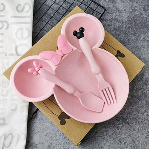 Minnie Mouse 3-Piece Baby Tableware Set: Wheat Straw Bowl, Plate, and Utensils.