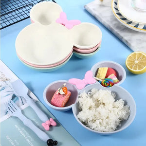 Minnie Mouse 3-Piece Baby Tableware Set: Wheat Straw Bowl, Plate, and Utensils.