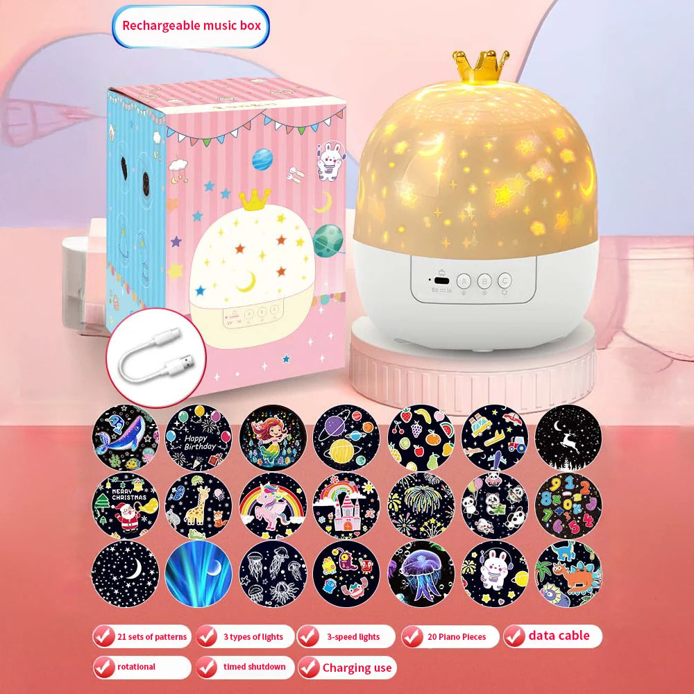 Rechargeable music box with LED night light and pattern selection options on a pink background