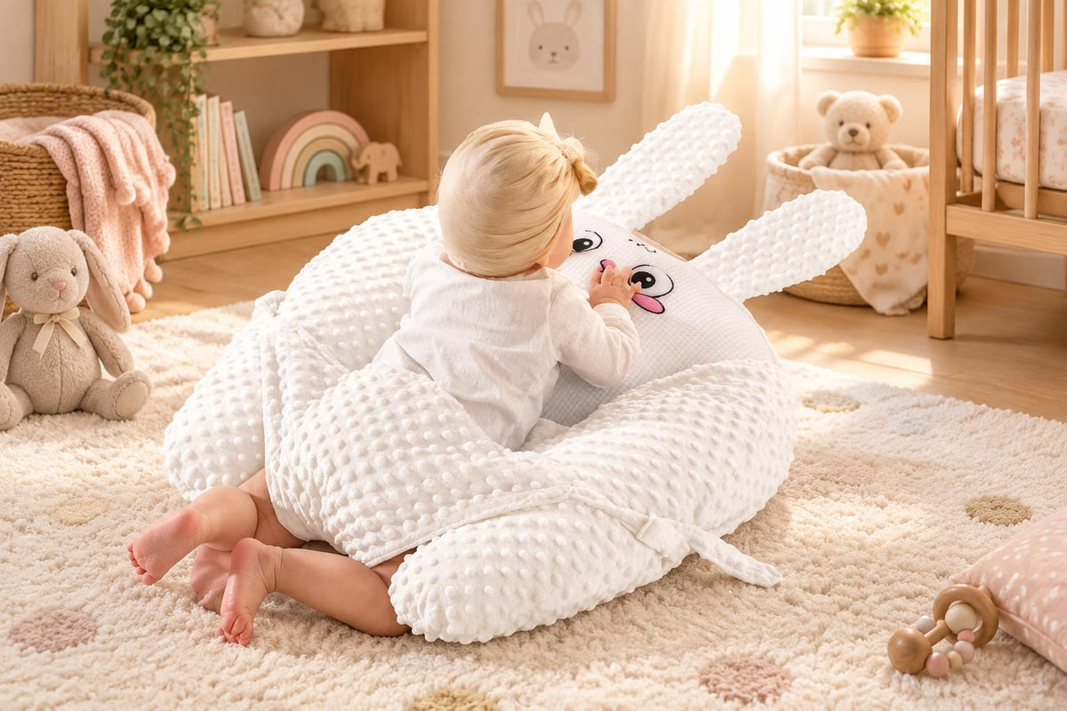 A baby wearing a white outfit and a beige bonnet lies on a white textured bunny-shaped baby support pillow on a beige bed.