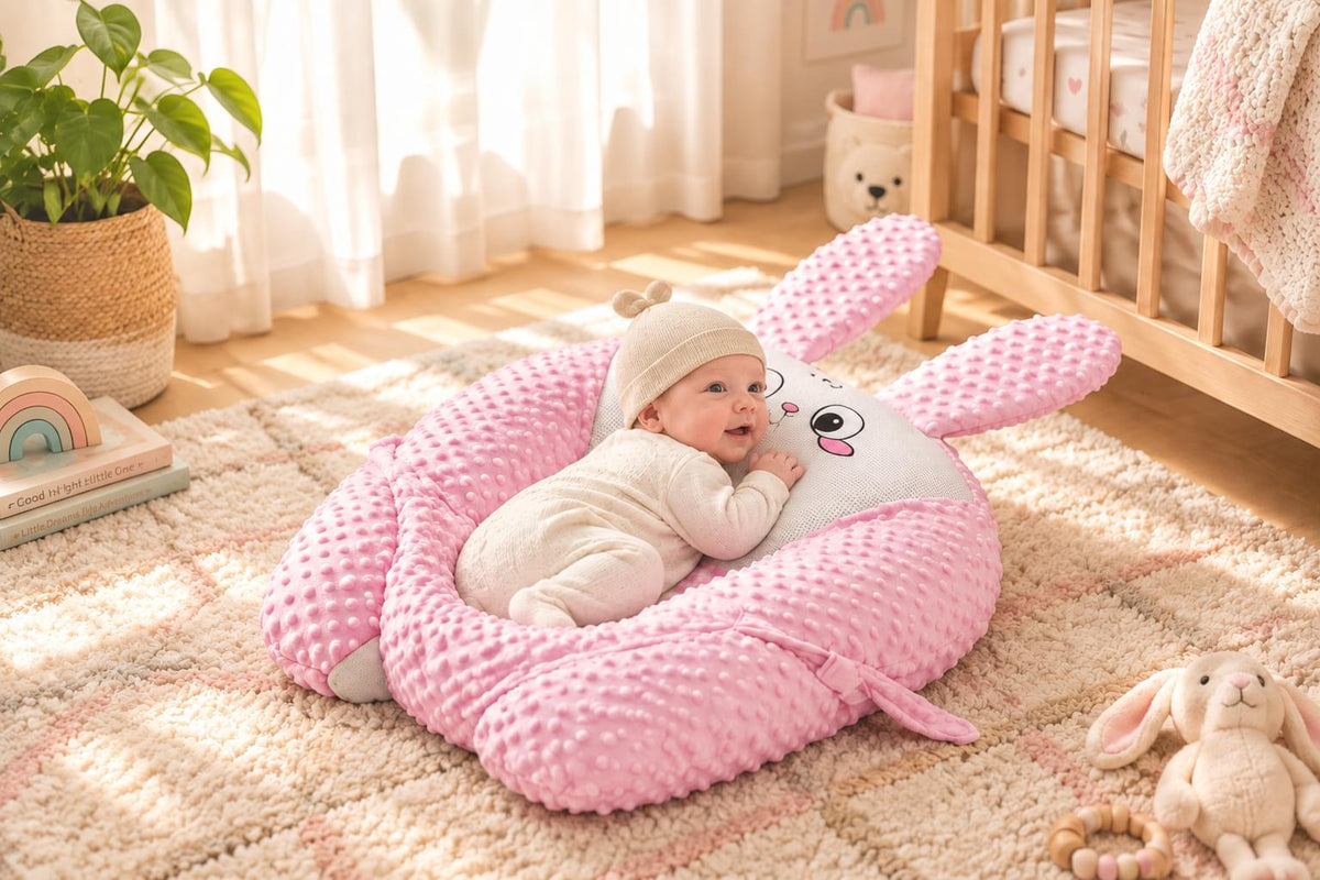 A baby lying on a pink bunny-shaped textured baby lounger on a beige bed.