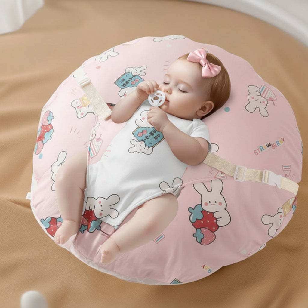 A baby lying on a pink bunny-print baby support cushion with straps, shown in a styled indoor setting. The image includes a material inset showing A面 pure cotton fabric and B面 breathable mesh, with Chinese text labels.