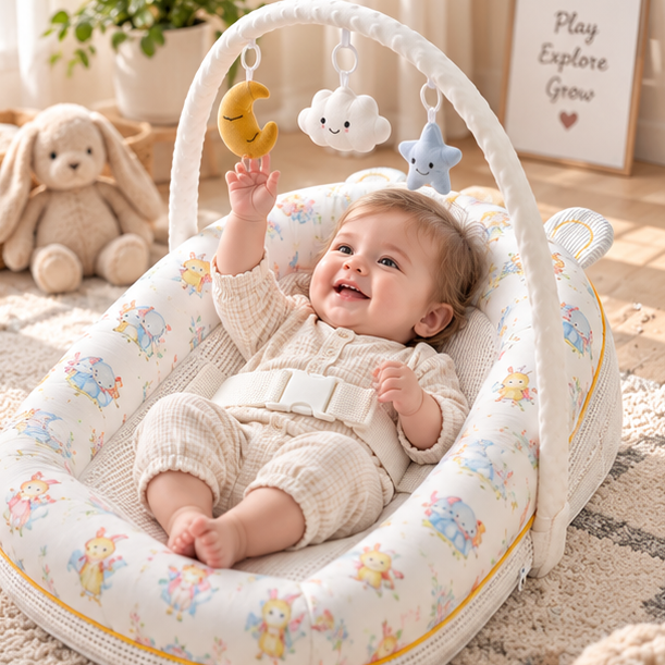 A baby lies in a padded bassinet with a white arch and hanging toys, photographed in a softly styled nursery. The bassinet fabric is cream with a small pastel animal print, and the baby is wearing a matching cream outfit.