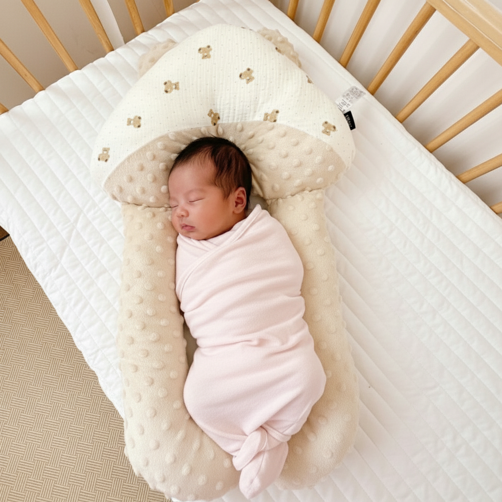 A beige, C-shaped newborn baby head shaping pillow with a velvet finish, placed on a white textured surface.