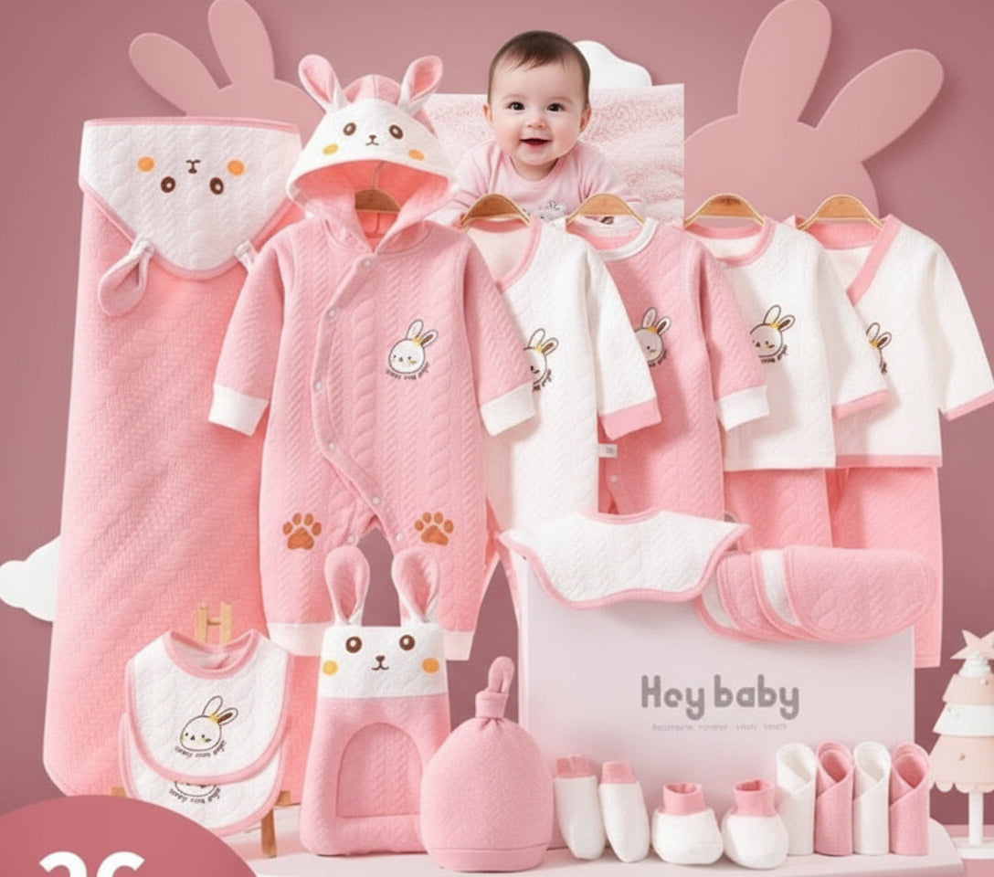 Baby clothing set with pink and white design on a pink background, featuring the brand 'Hey baby'.