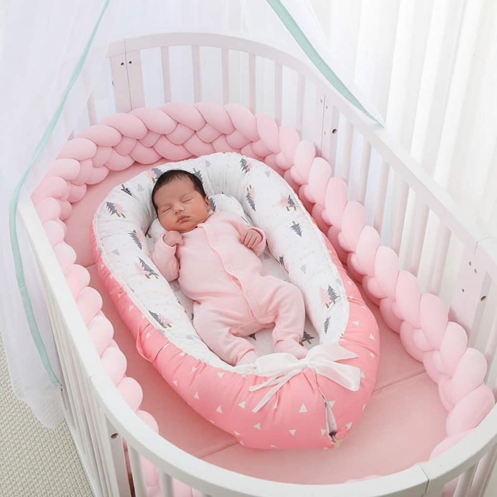 Baby in a crib with pink and white bedding