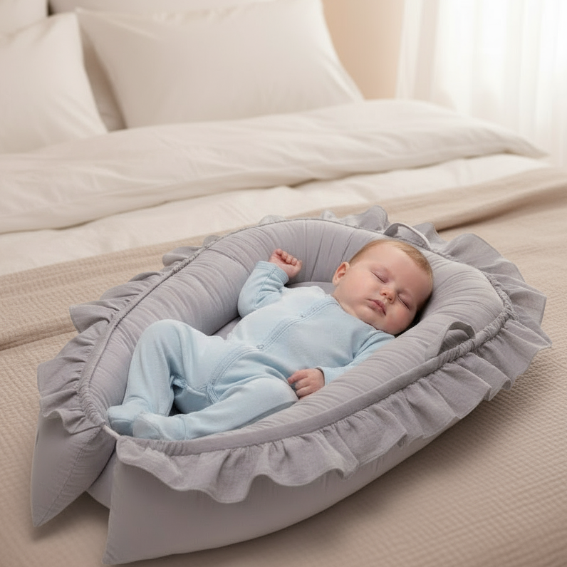 Baby sleeping in a gray crib with a rocking chair and lamp in the background