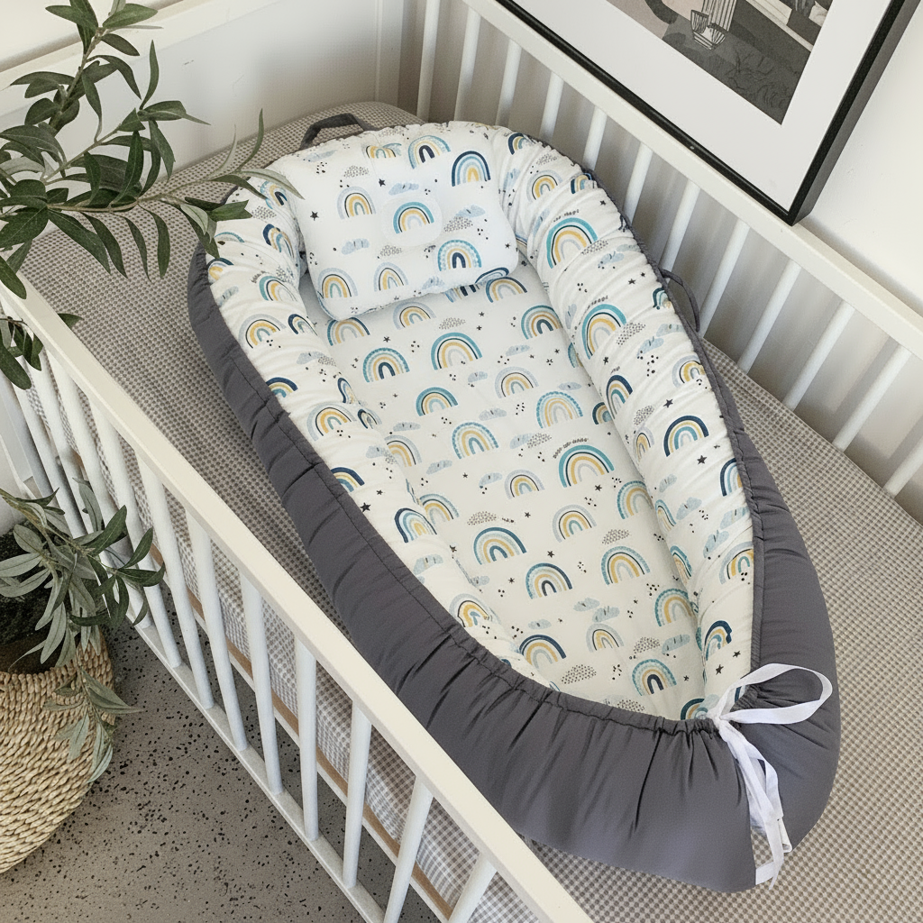 Baby sleeping in a crib with a soft, patterned bumper