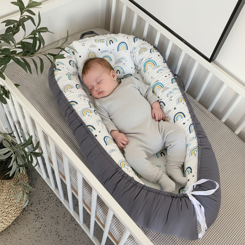 Baby sleeping in a crib with a soft, patterned bumper