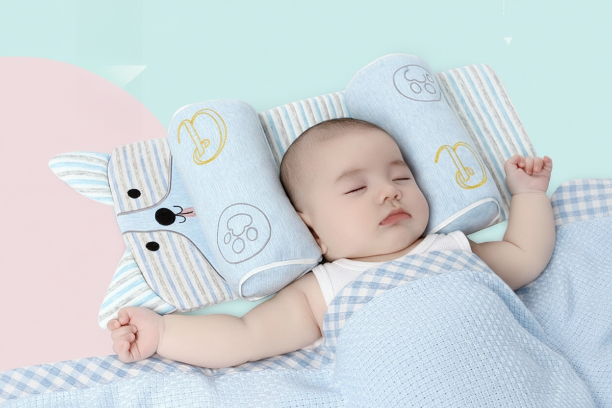 Baby sleeping with a soft toy and pillow on a light blue background