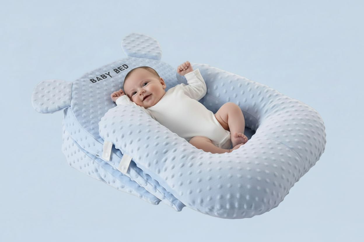 Baby lying in a blue baby nest with a light blue background