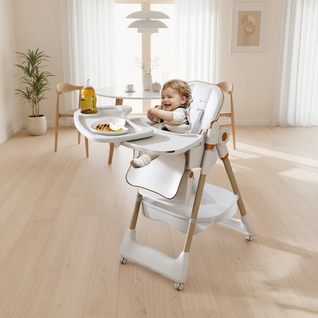 Child in a high chair in a kitchen setting