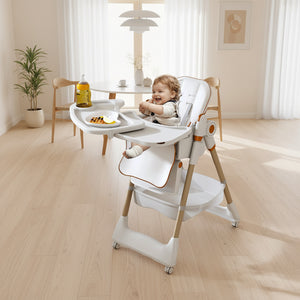 Child in a high chair in a kitchen setting
