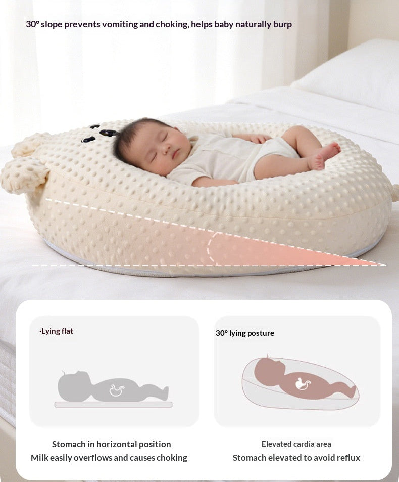 Baby lying on a white pillow with text about a scientific 30-degree gentle slope feeding artifact.