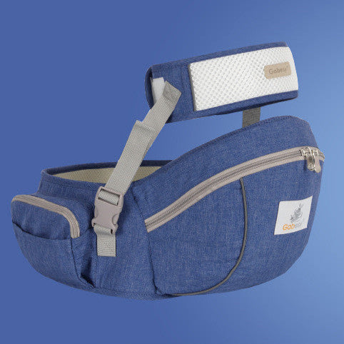 Blue waist bag with gray straps on a blue background