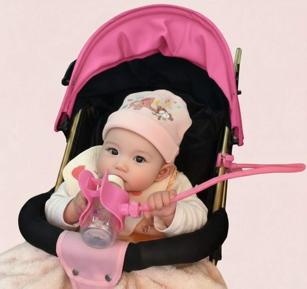 Baby in a blue stroller with a pink sippy cup