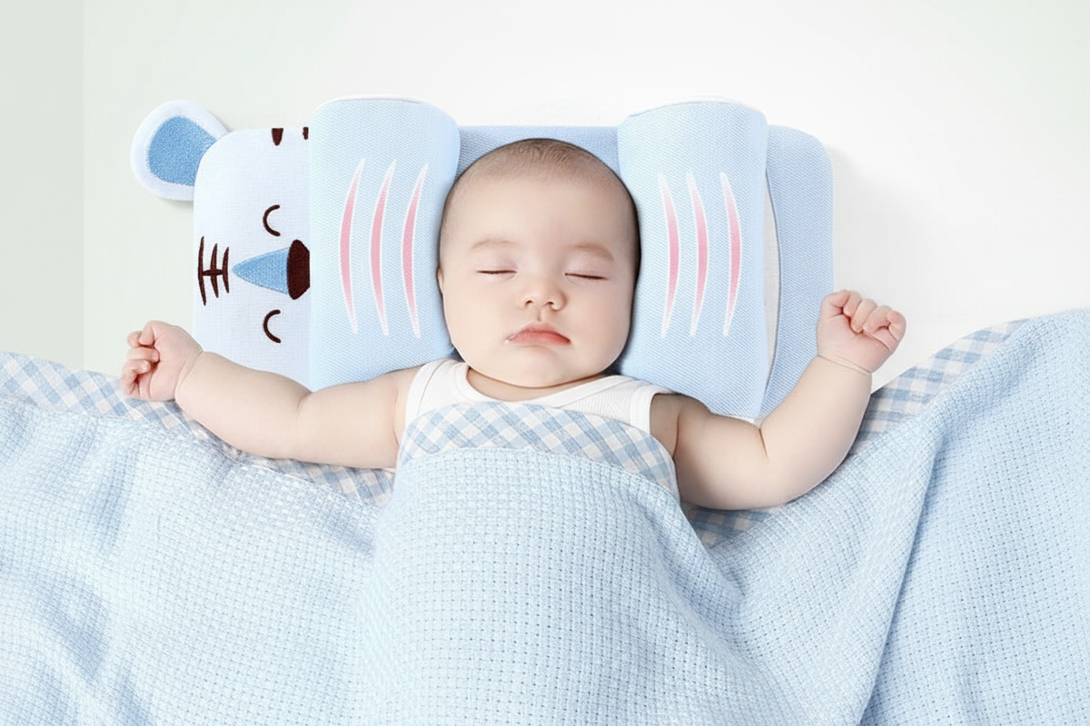 Baby sleeping with a blue pillow shaped like a cartoon character on a white background