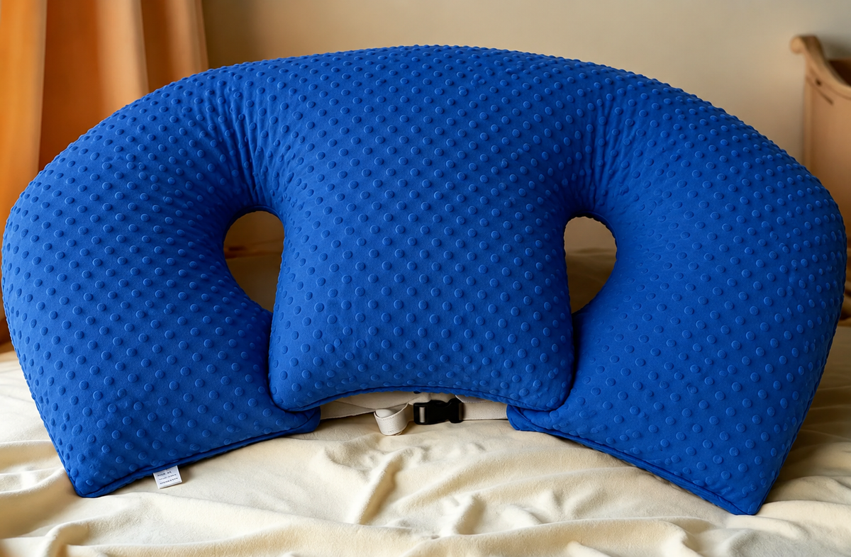 Blue U-shaped pillow on a bed
