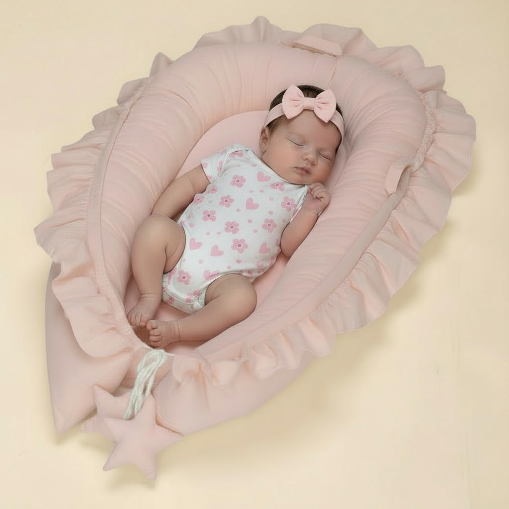 Newborn baby sleeping in a pink baby nest with a light yellow background