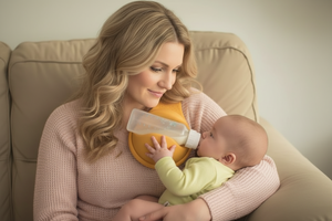 Woman feeding a baby with a bottle on a couch