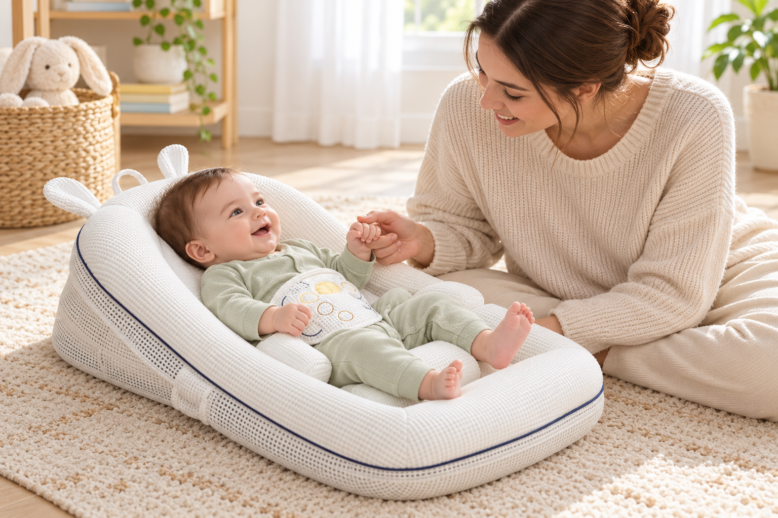 Mother smiling at her awake baby on the white CalmNest infant support cushion with navy piping.