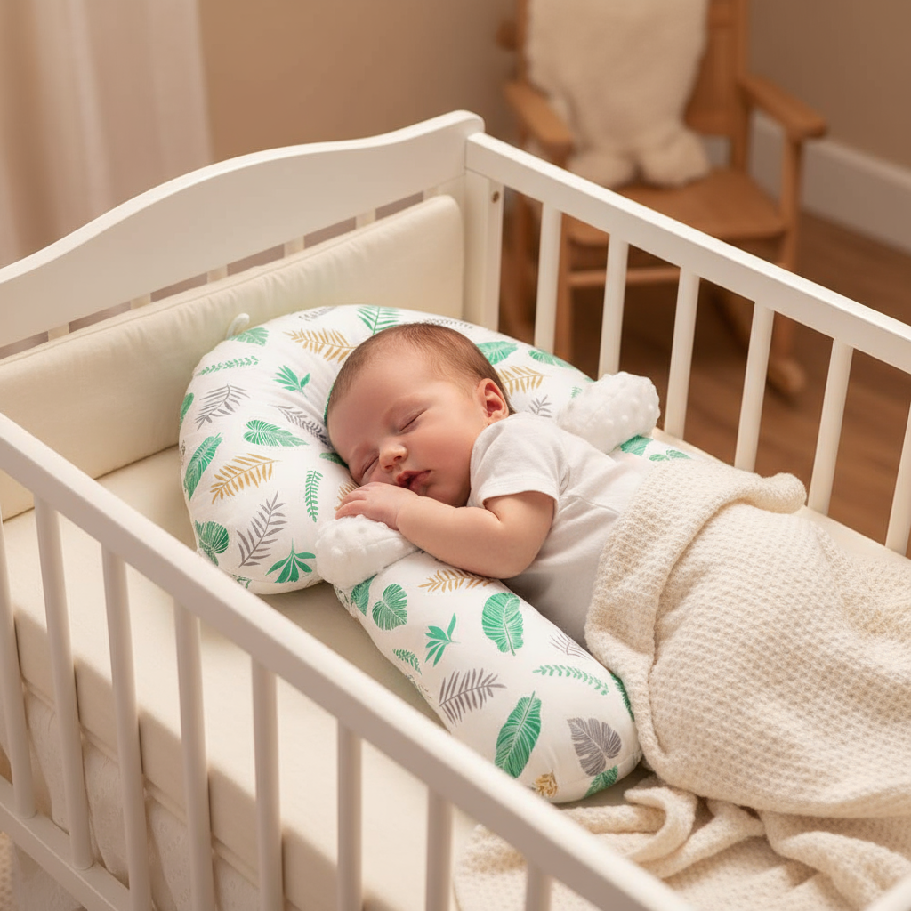 Baby sleeping in a crib with a leaf-patterned pillow and white blanket