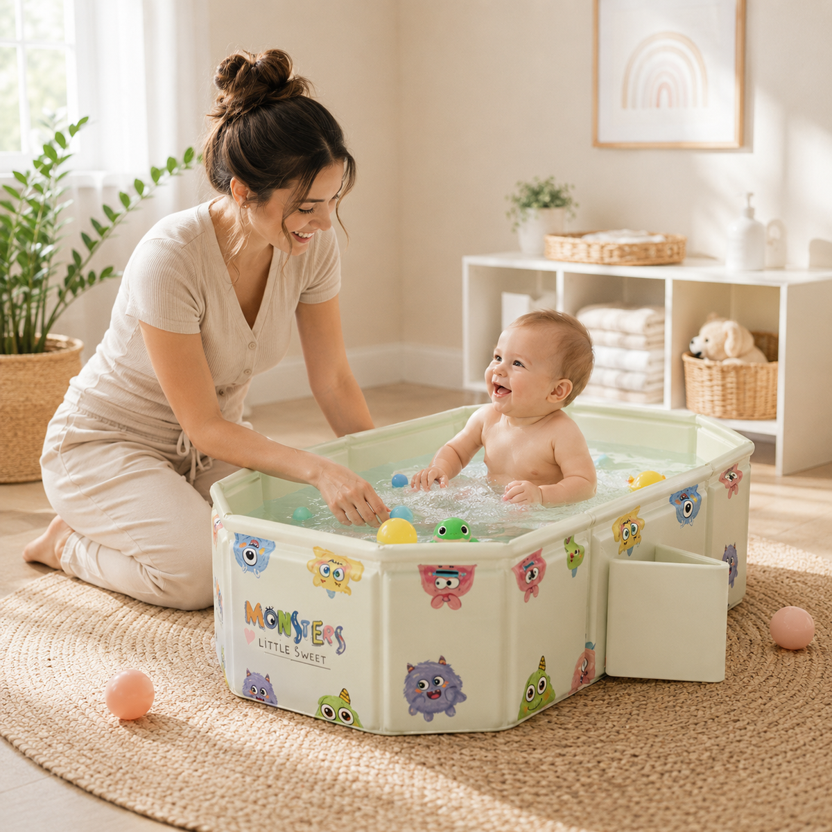 Woman playing with a baby in a colorful playpen in a bright room.