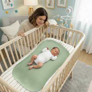 Woman interacting with a baby in a crib in a nursery setting
