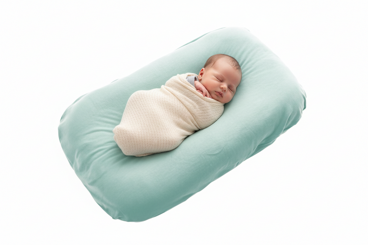Newborn baby wrapped in a blanket lying on a green baby lounger pillow against a white background