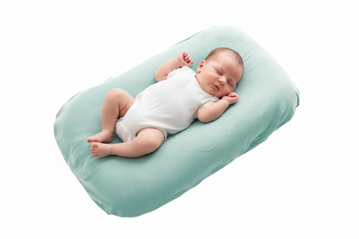 Baby lying on a light green baby lounger nest baby pillow against a white background