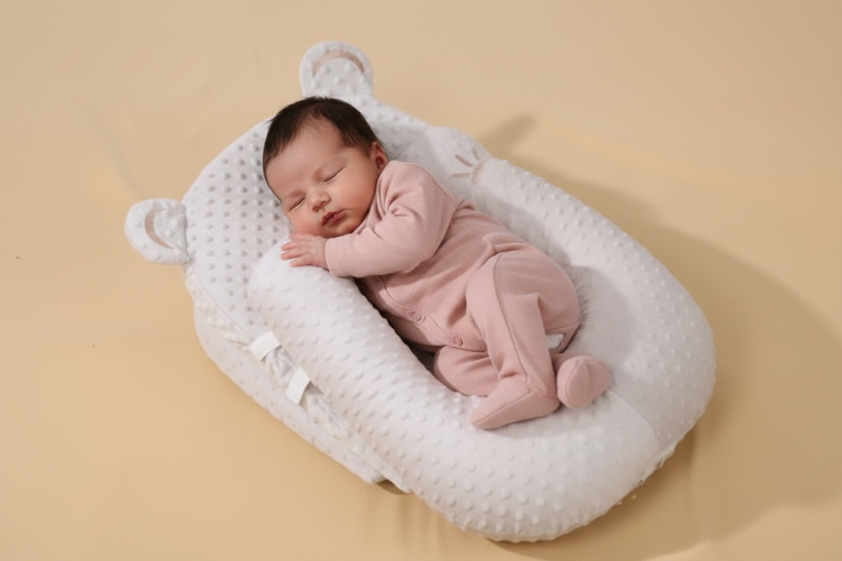 Newborn baby in a pink outfit sleeping in a white crib on a beige background