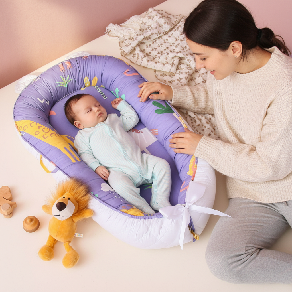 Baby in a purple inflatable crib with a woman sitting beside it, surrounded by toys on a light pink background.