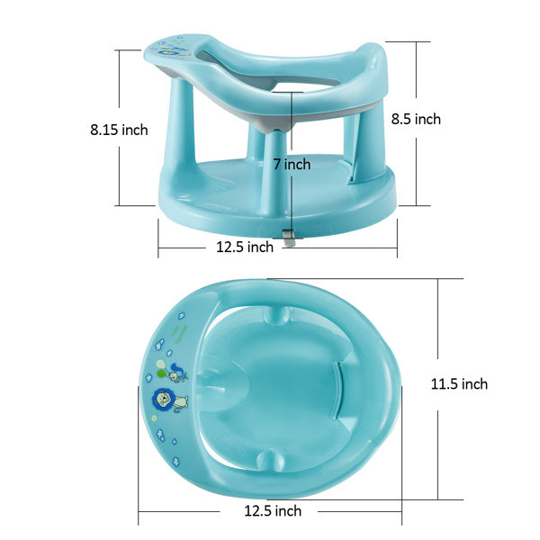 Measurement chart of a blue baby bath seat with dimensions labeled.