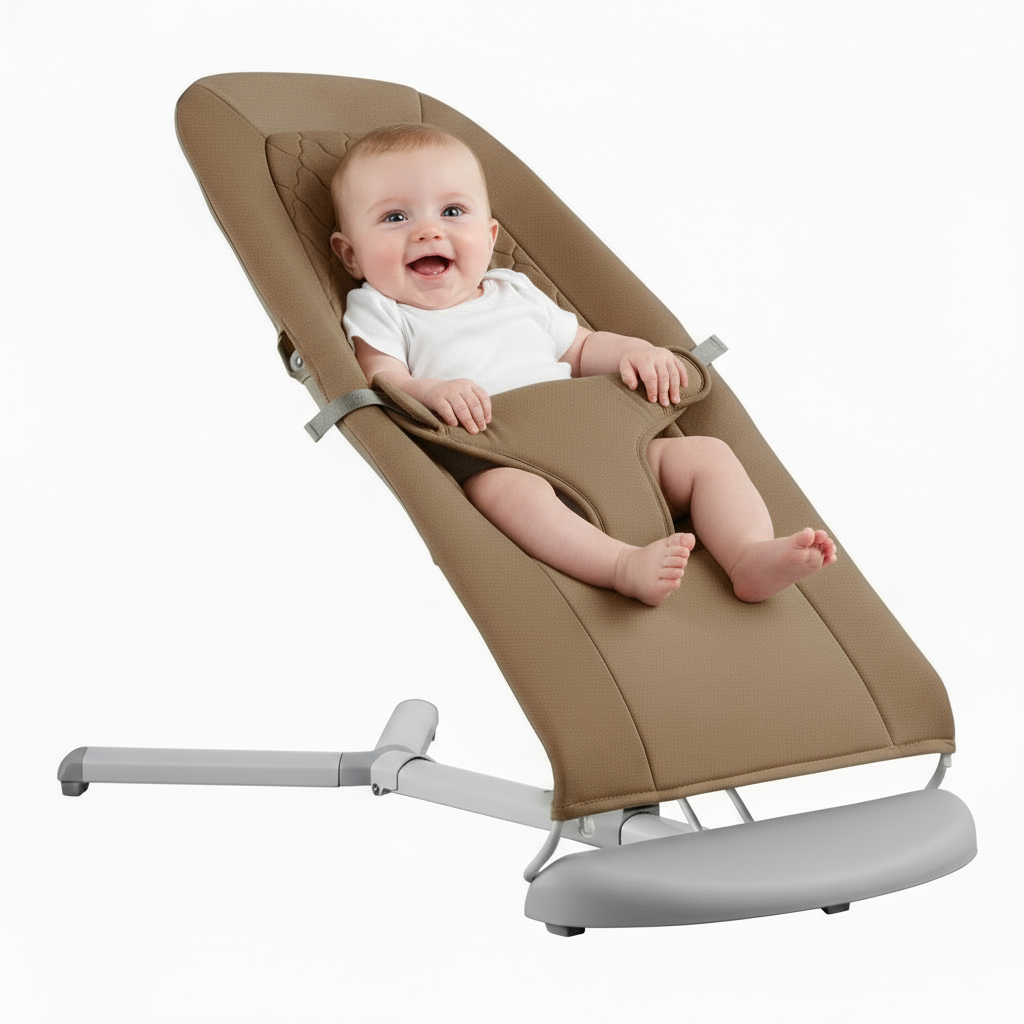 Baby in a brown baby bouncer on a white background