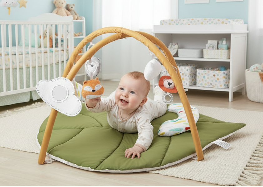 Baby playing with toys on a green mat in a nursery room.