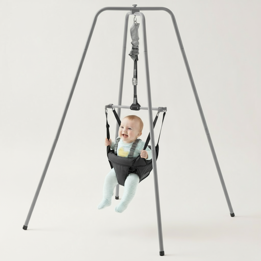 Baby in a swing stand on a plain background