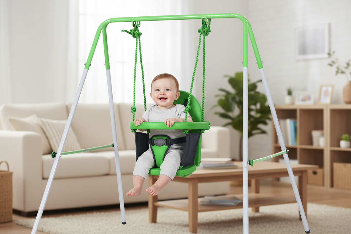 Baby sitting in a green swing set in a living room.