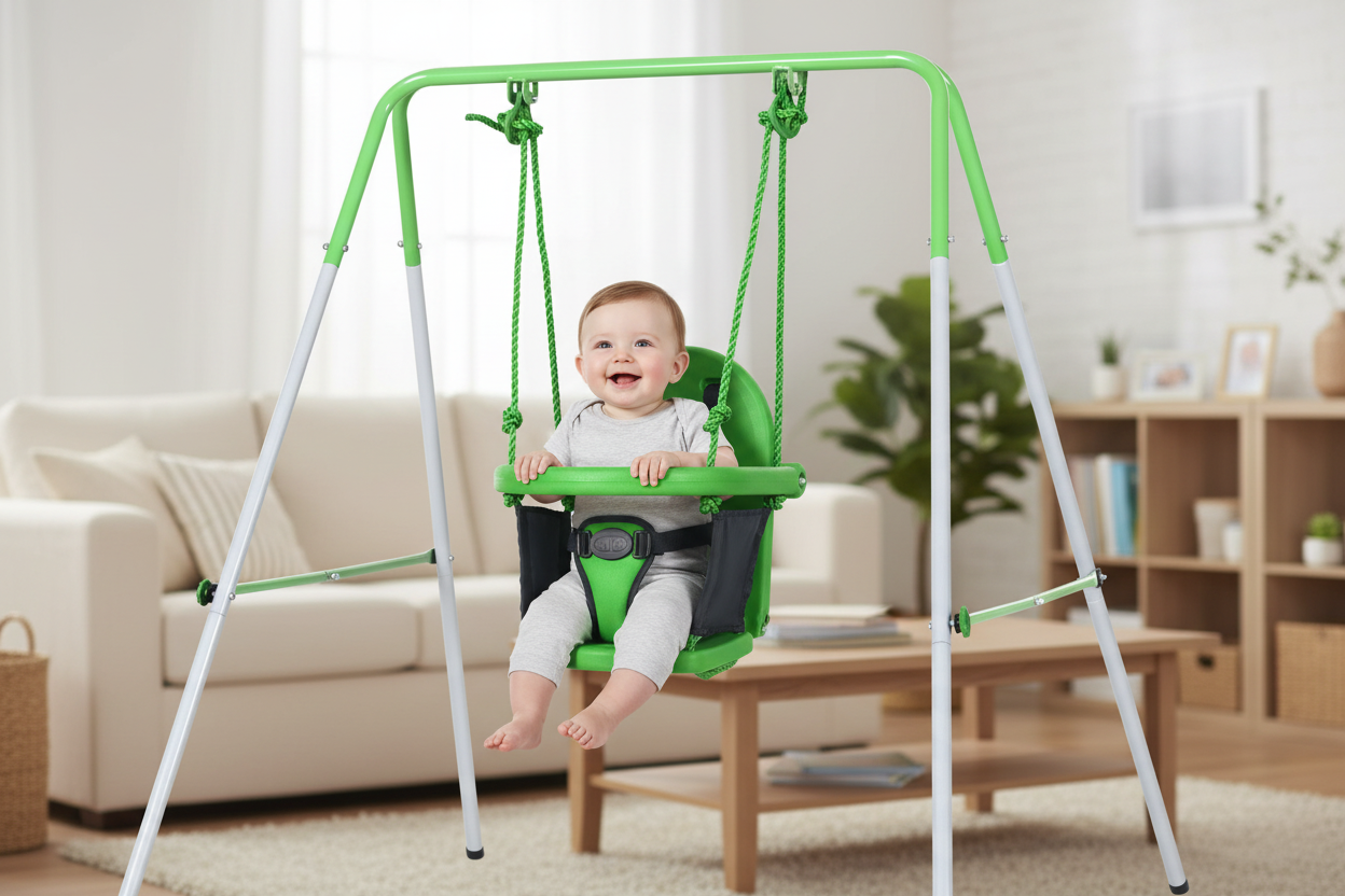 Baby sitting in a green swing set in a living room.