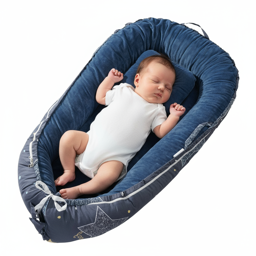 Baby sleeping in a blue baby nest with star pattern