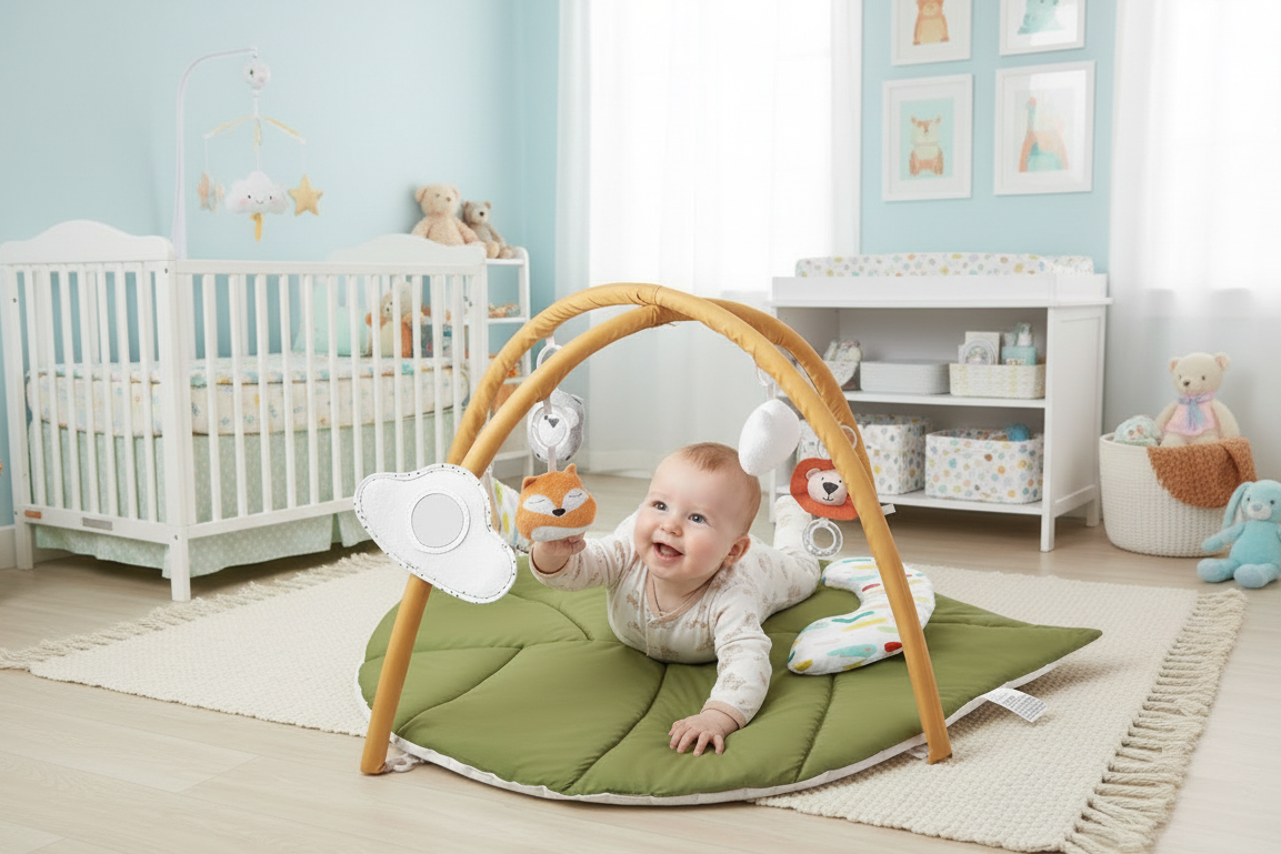 Baby playing with a green play mat and arch in a nursery.
