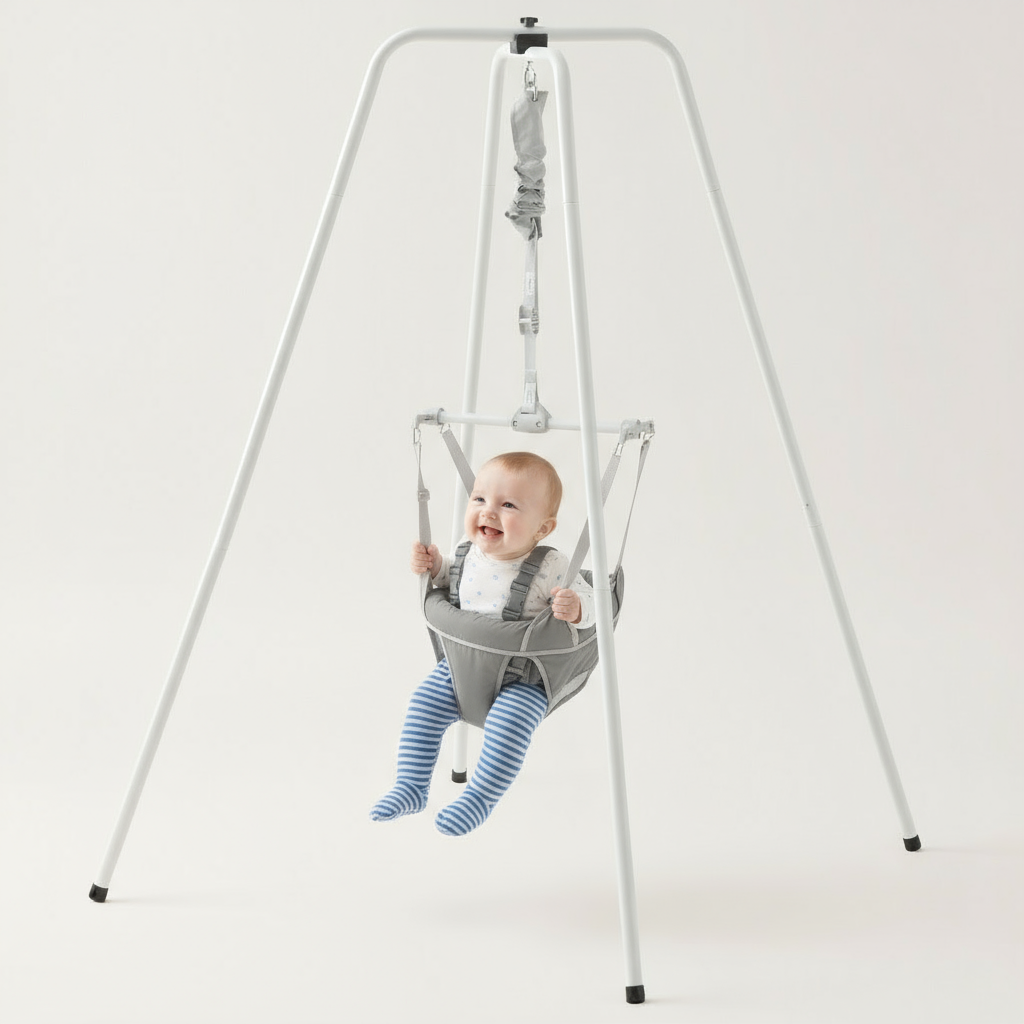 Baby in a gray baby swing on a white background