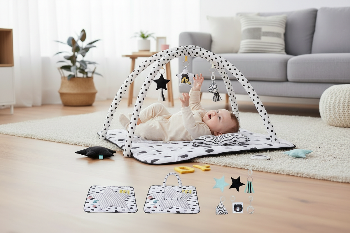 Baby playing on a black and white play mat with toys in a living room.