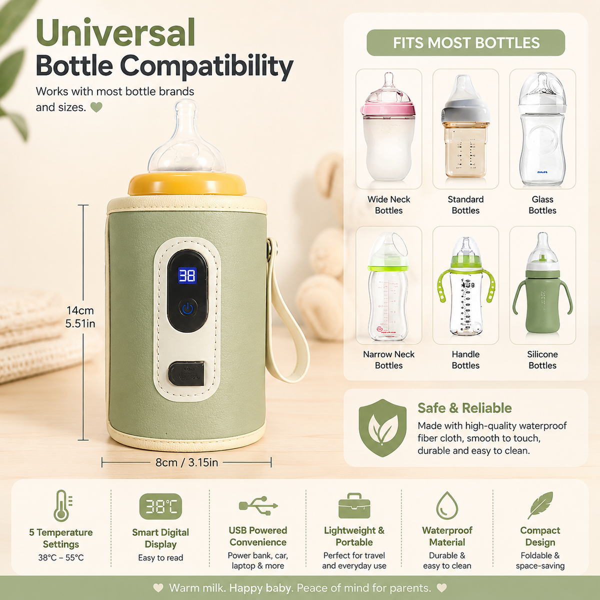 Universal bottle warmer with compatibility chart for various bottle types on a beige background