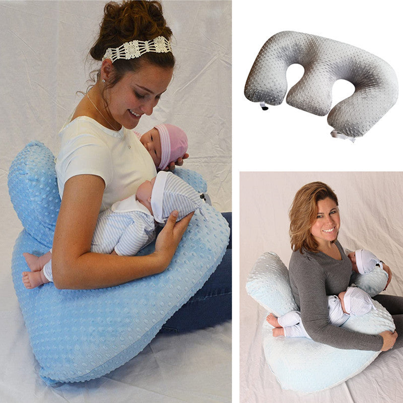 Collage of a woman breastfeeding a baby using a blue nursing pillow, a gray U-shaped pillow, and another woman with a white pillow.