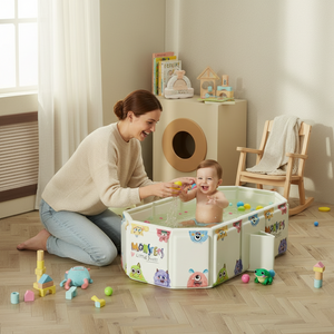 Woman and child playing with toys in a colorful playpen in a room with wooden floor and window.