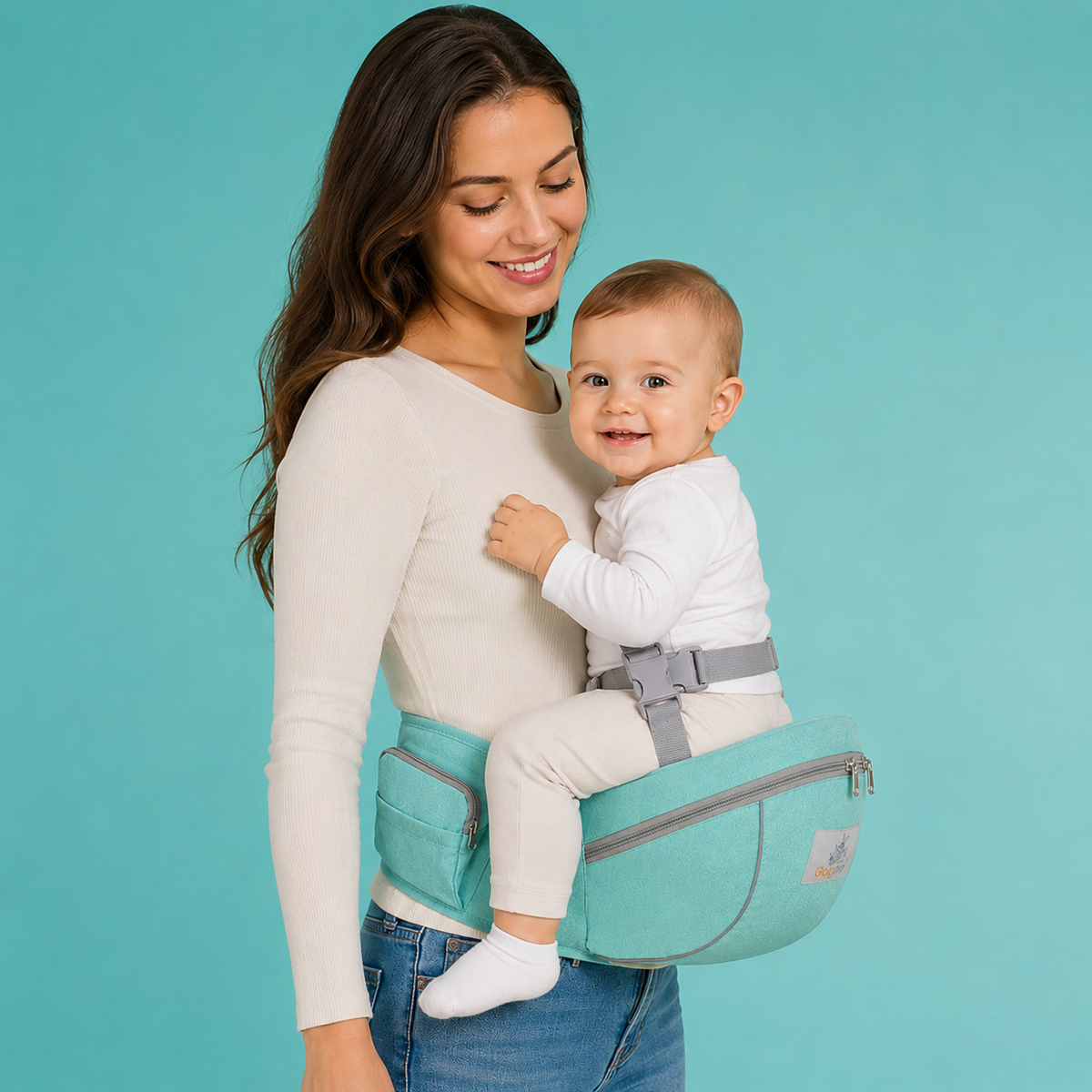Woman holding a baby in a teal baby carrier against a teal background