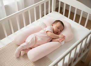 Baby sleeping in a crib with a pink U-shaped pillow