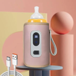 Pink baby bottle warmer with digital display on a colorful background