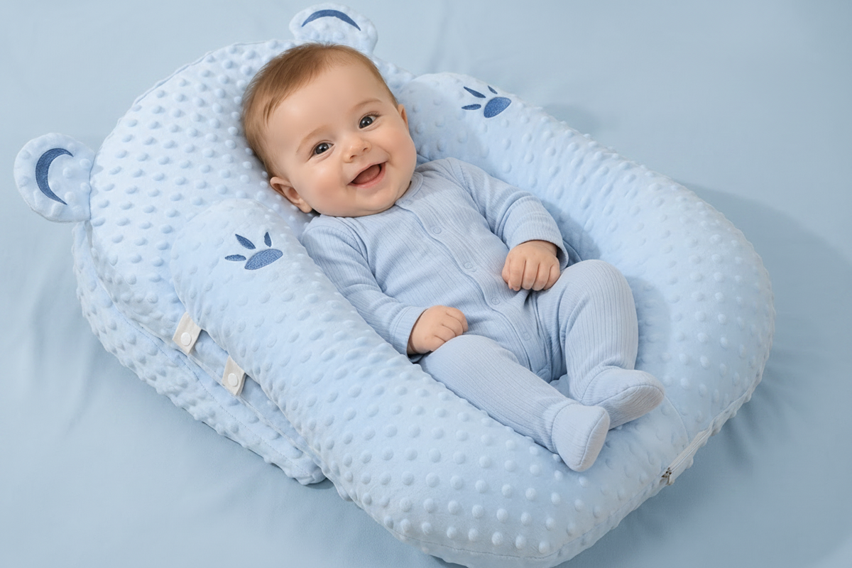 Baby in a blue crib with bear ears on a beige background